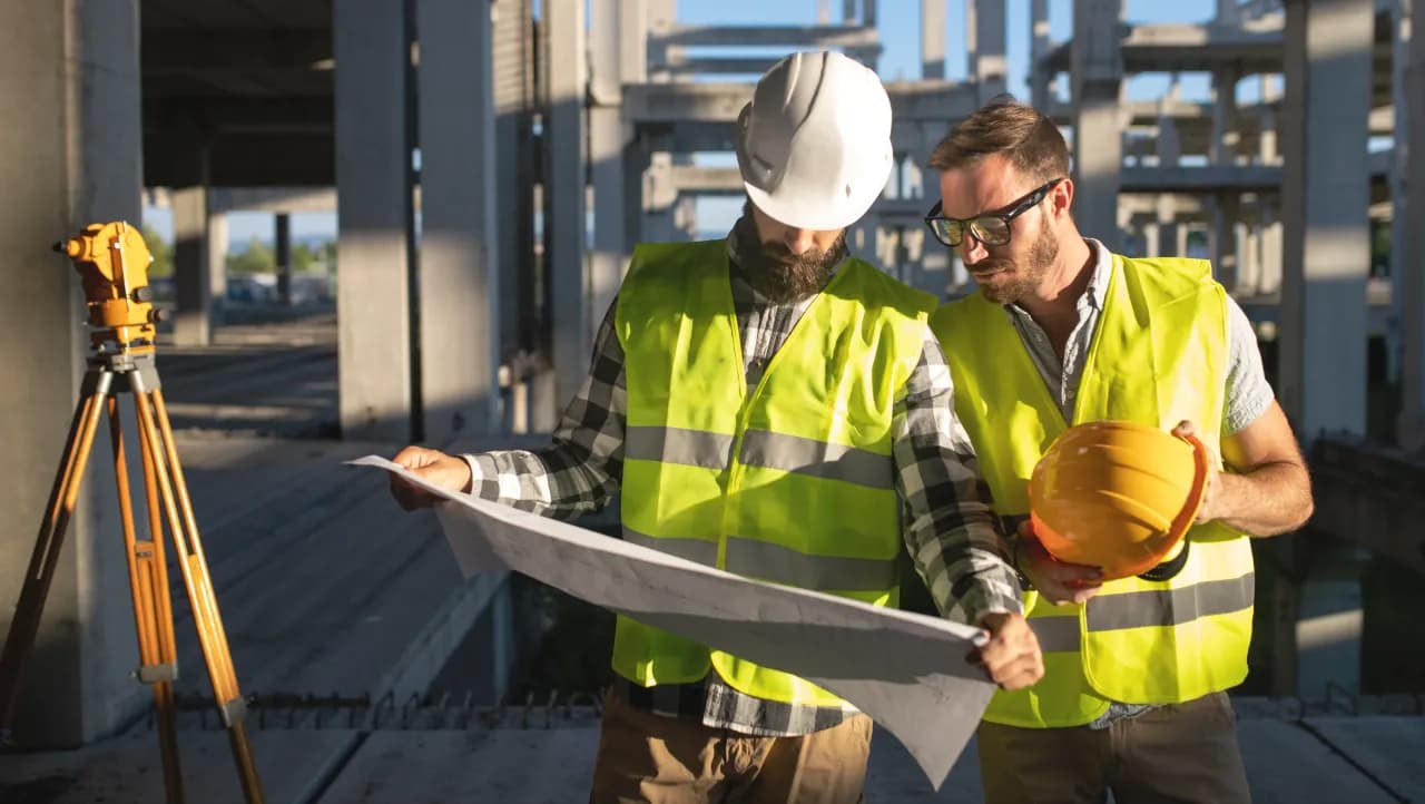 daj mężczyźni ubrani w stroje ochronne pracowników budowlanych stoją na placu budowy. Obydwaj przypatrują się planom budowlanym. .