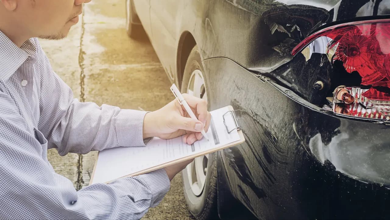 rzeczoznawca spisuje uszkodzenie pojazdu, który stoi obok, auto ma stłuczona lampę i porysowany zderzak