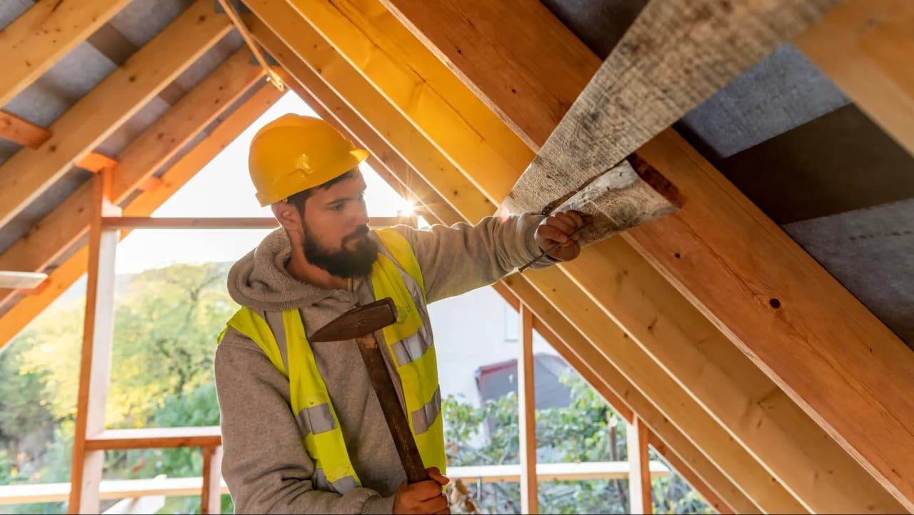 Mężczyzna ubrany w strój pracownika budowlanego wykonuje prace wewnątrz obiektu mieszkalnego. Wbija gwoździe w deskę stanowiącą konstrukcję dachu. W prawym ręku trzyma młotek